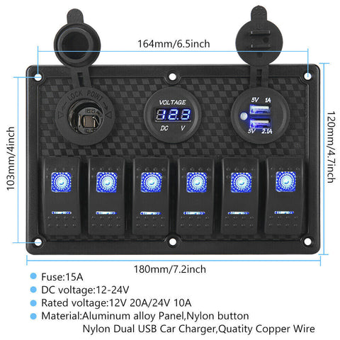12V 6 Gang Switch Panel LED Light Rocker Circuit Breaker For Car RV Boat Marine
