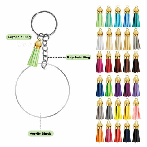 200x Keyring Clear Acrylic Circle Discs Keychain Blanks Tassel Pendants DIY Kit