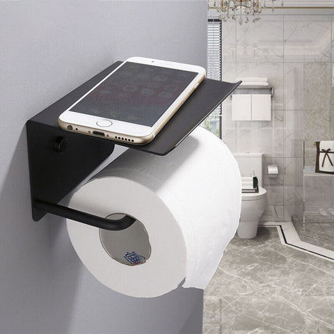 Toilet Paper Roll Stainless Steel Holder Storage + Phone Shelf Bathroom Washroom