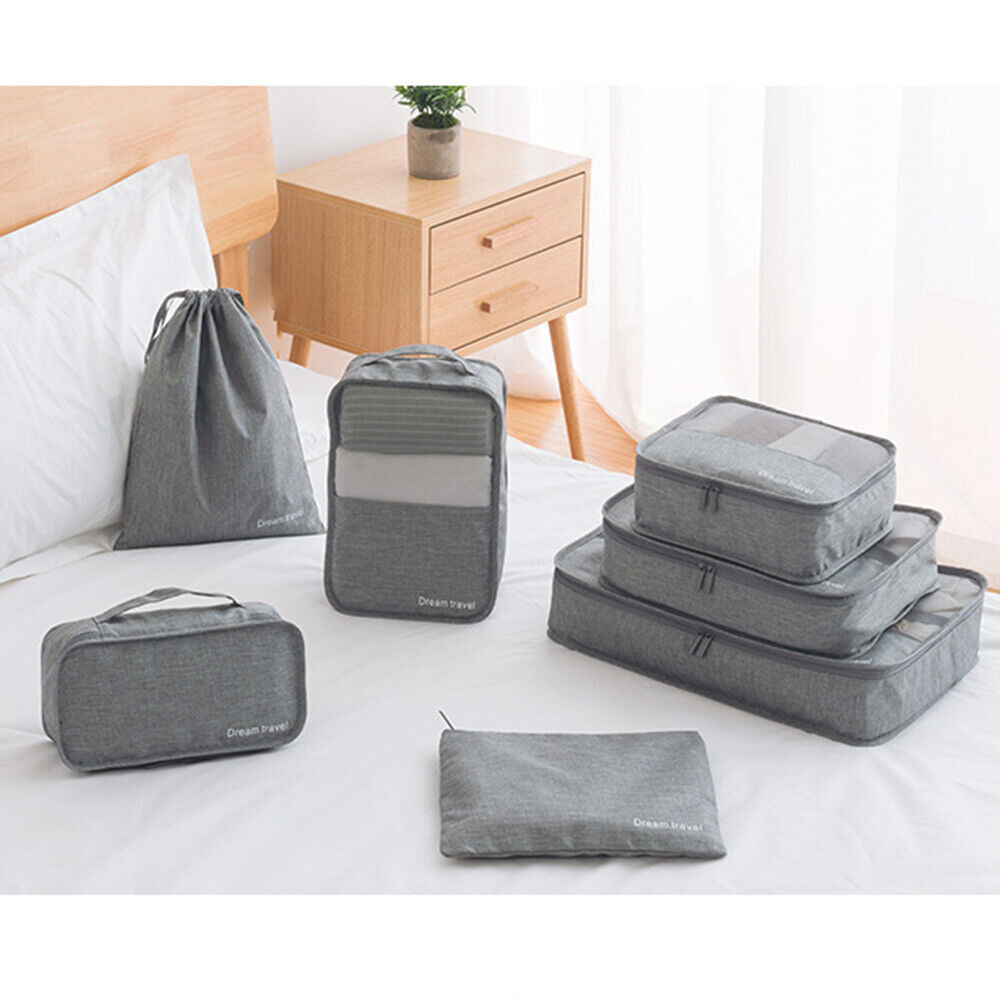 7Pcs Packing Cubes Travel Pouches Luggage Organiser Clothes Suitcase Storage Bag