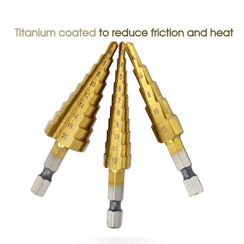 3pcs HSS Step Cone Drill Titanium Stee Hole Cutter Bit Set 3-20mm + Pouch AU