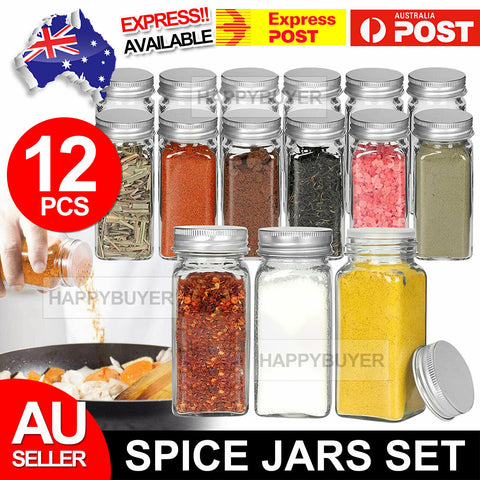 12x Clear Square Glass Jars Lid Spice Herb Seasoning Condiment Storage Container