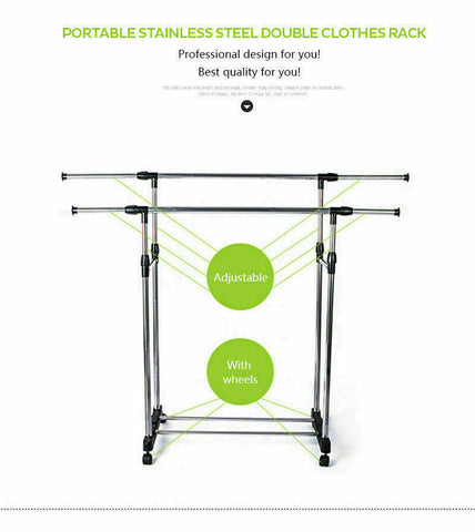 Clothes Rack Double Stainless Shelf Hanger Garment Holder Adjustable Coat