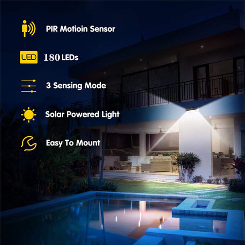 180 LED Solar Motion Sensor Light Outdoor Garden Yard Wall Security Flood Lamp