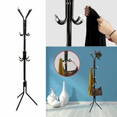 12 Hook Coat Hanger Stand 3-Tier Hat Clothes Rack Metal Tree Style Storage Black