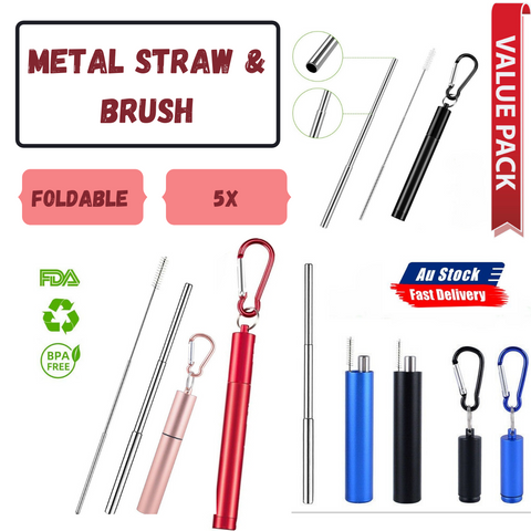 5 sets Reusable Collapsible Stainless Steel Straws Metal Straw+Brush Value Set