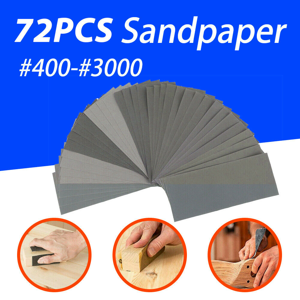 72PCS Sandpaper Mixed Wet And Dry Waterproof 400-3000 Grit Sheets Assorted Wood