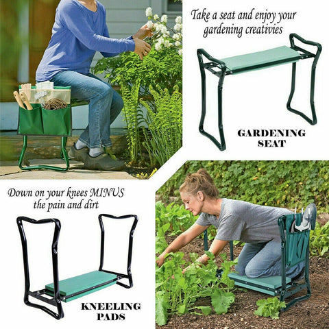 2 in1 GARDEN KNEELER PADDED PAD SEAT STOOL GARDENING WORK 6 TOOLS + 2 POUCHES
