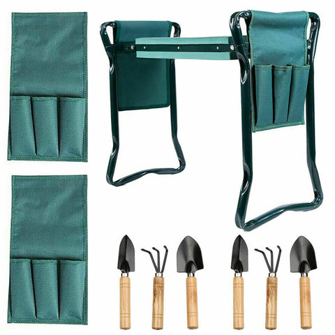 2 in1 GARDEN KNEELER PADDED PAD SEAT STOOL GARDENING WORK 6 TOOLS + 2 POUCHES