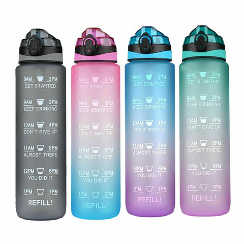 1L Water Bottle Motivational Drink Flask With Time Markings BPA Free Sport Gym