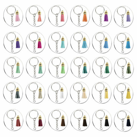 200x Keyring Clear Acrylic Circle Discs Keychain Blanks Tassel Pendants DIY Kit