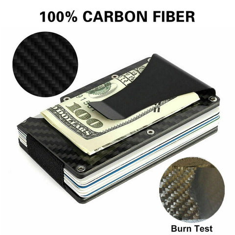 Men Slim Carbon Fiber Credit Card Holder RFID Blocking Metal Wallet Clip