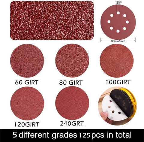5" 125pcs Mixed Sanding Discs 60 80 100 120 240 Grit Orbital Sander Pads 125mm