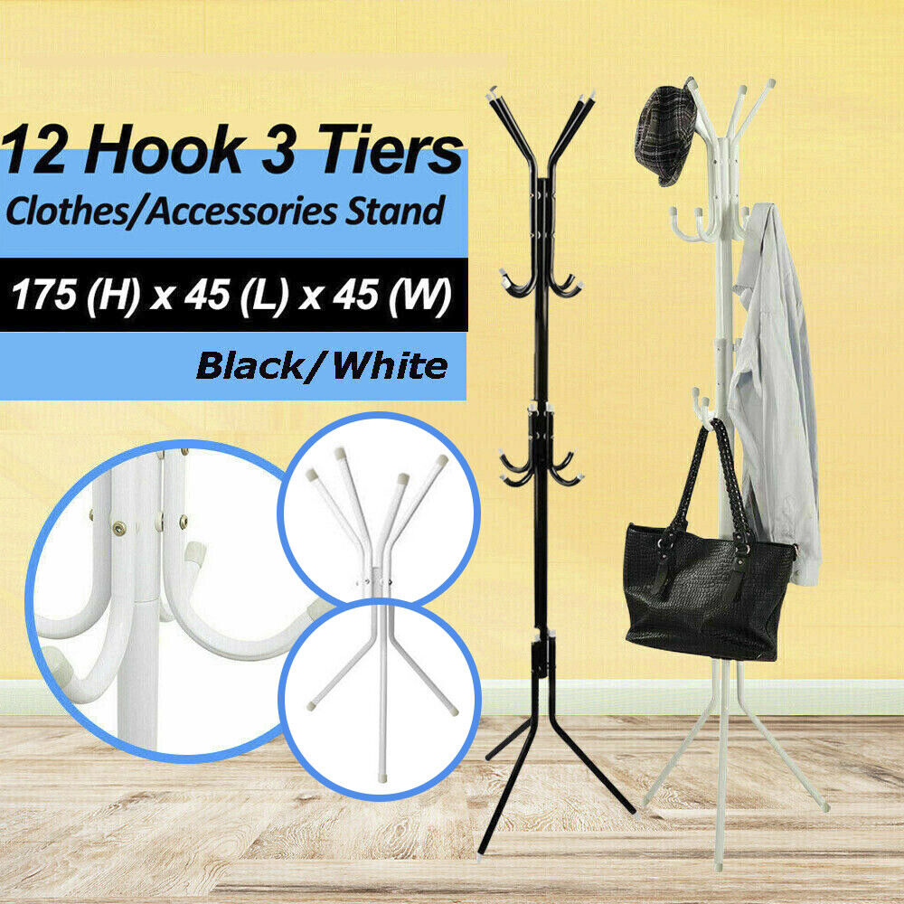 12 Hook Coat Hanger Stand 3-Tier Hat Clothes Rack Metal Tree Style Storage Black