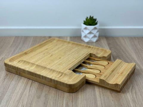 Bamboo Cheese Board & Knife Wooden Serving Cutting Chopping Boards & Knives