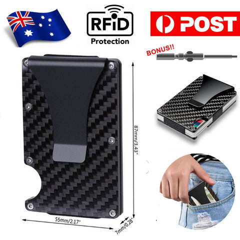 Men Slim Carbon Fiber Credit Card Holder RFID Blocking Metal Wallet Clip