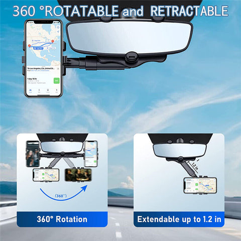 360°Car Rear View Mirror Mount Holder Retratable GPS Stand Universal for iPhone