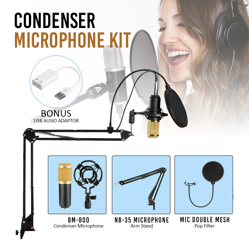 BM800 Condenser Microphone Kit Studio Suspension Boom Scissor Arm Sound Card