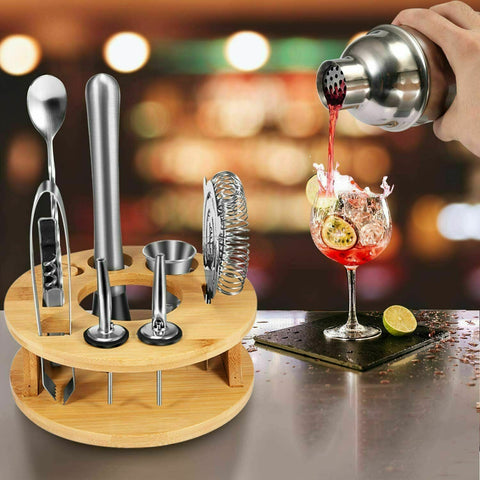 Cocktail Shaker Set Bartender Kit with Rotating Bamboo and 10-Piece Stainless