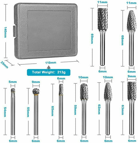 1/4" 6mm Shank Tungsten Carbide Rotary Burr Bur Die Grinder Carving Bits 8Pcs