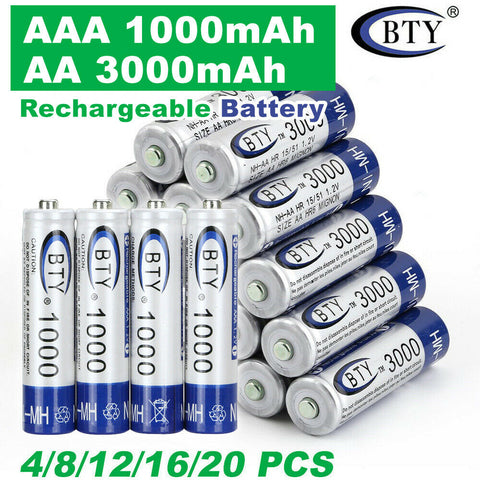 4-20x Rechargeable Battery NI-MH 1.2V 3000mAh AA/1000mAh AAA Recharge Batteries