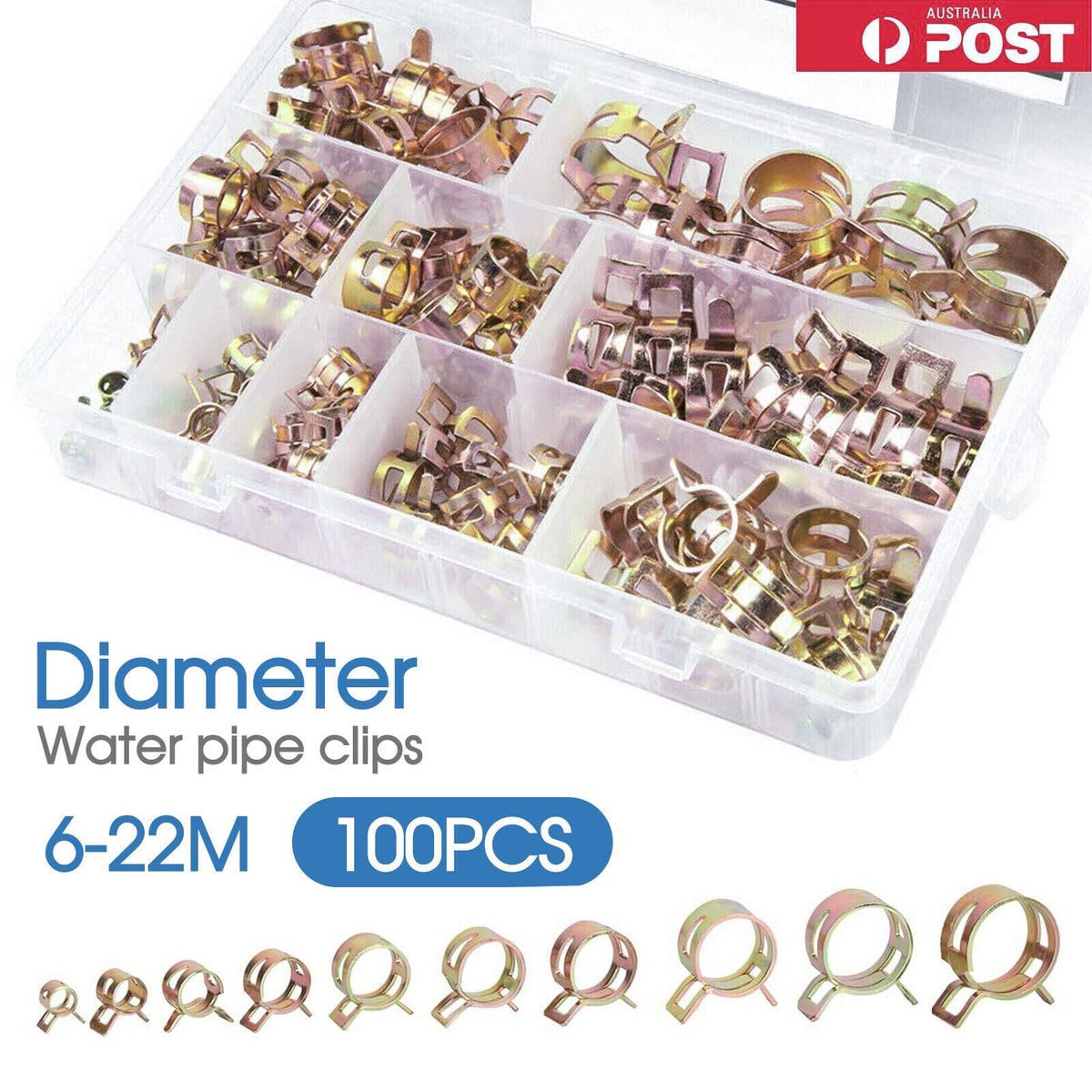 100pcs Steel Spring Clip Hose Clamps 6-22mm Adjustable Range Worm Gear Stainless