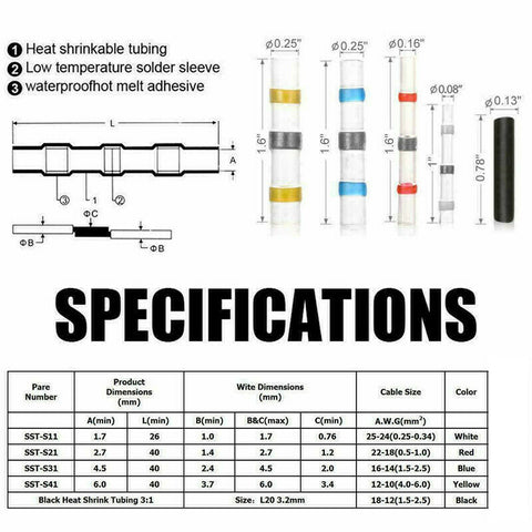 800x Solder Seal Sleeve Heat Shrink Butt Wire Connectors Terminals Waterproof AU