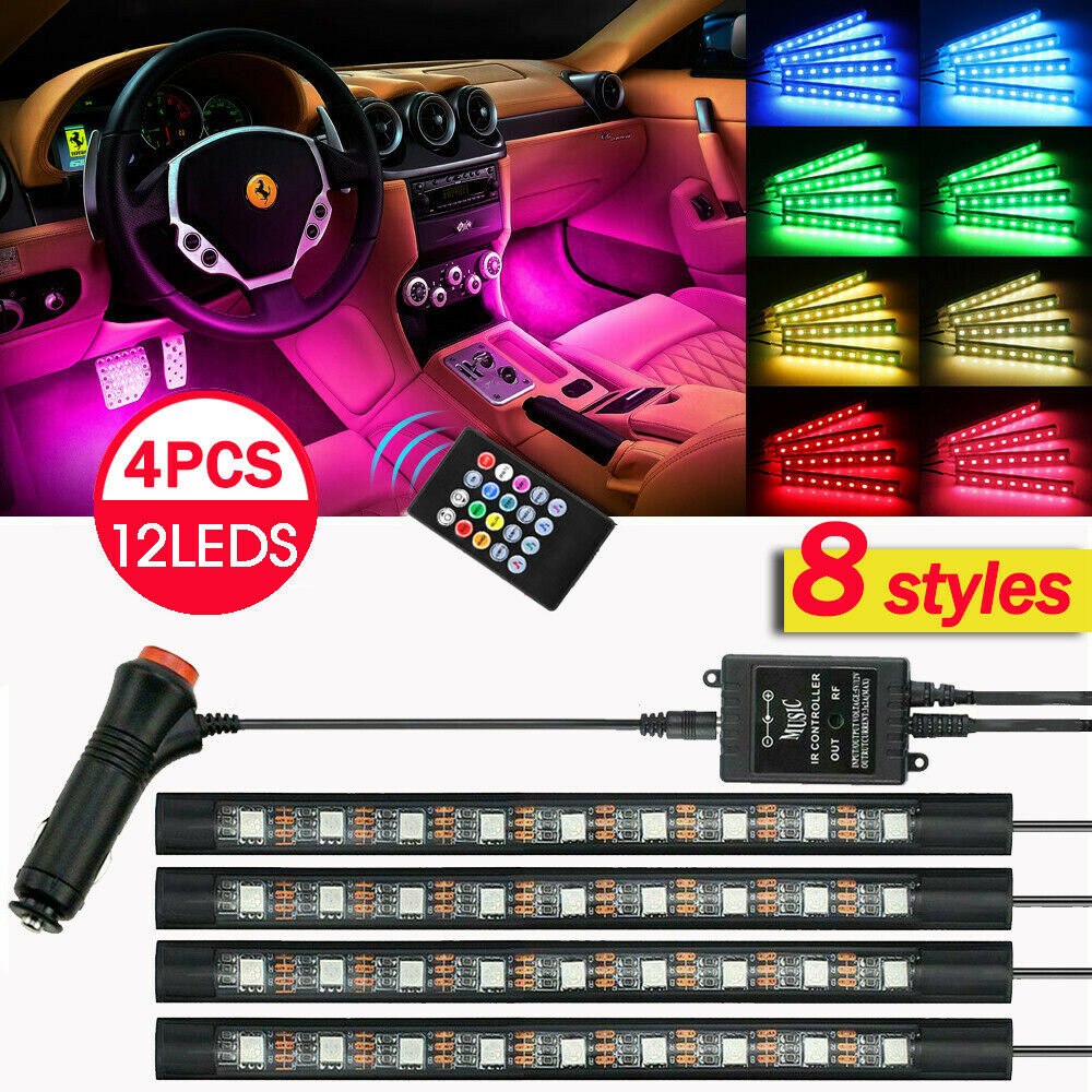 4X 12V 12LED RGB Car Interior LED Strip Lights Wireless Remote Control Music AU