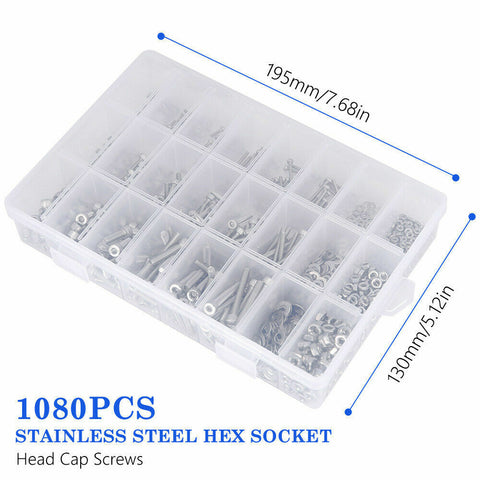 M2/M3/M4 Stainless Steel Bolts Nuts Screws Hex Head Assorted 1080pcs Kit Set