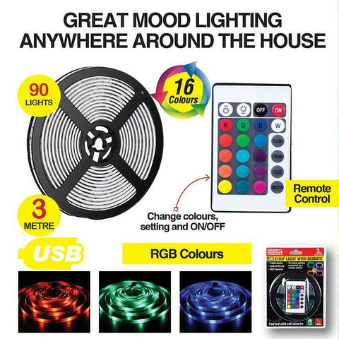 RGB 90 LED 3M Strip Lights - 12V USB Power 16 Colours 5 Modes w Remote Control