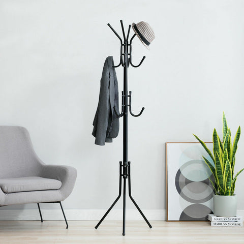12 Hook Coat Hanger Stand 3-Tier Hat Clothes Rack Metal Tree Style Storage Black