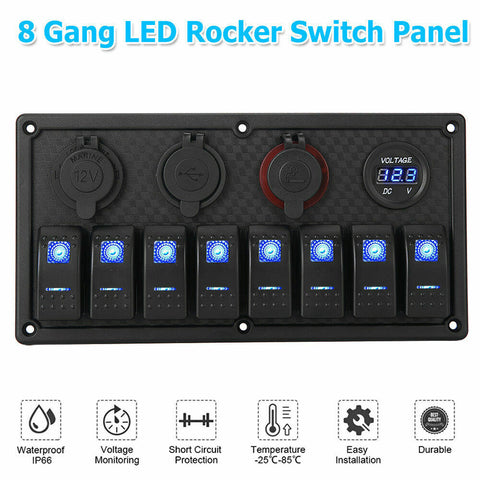 8 Gang 12V Rocker Switch Panel Waterproof Circuit Breaker Boat Marine Voltmeter