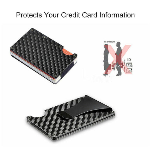 Men Slim Carbon Fiber Credit Card Holder RFID Blocking Metal Wallet Clip