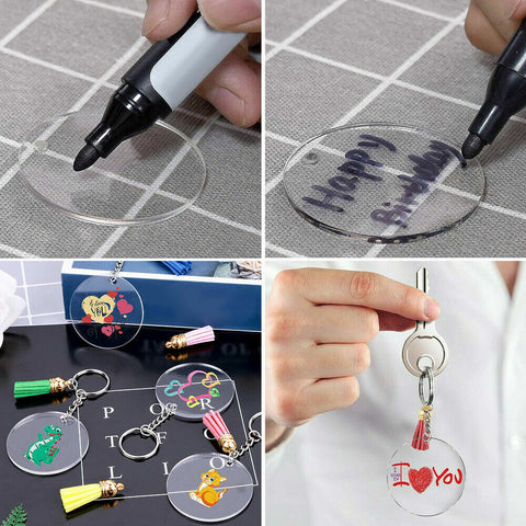 200x Keyring Clear Acrylic Circle Discs Keychain Blanks Tassel Pendants DIY Kit