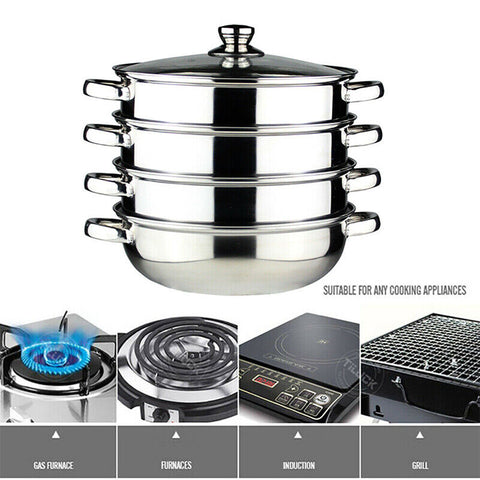 4 /5 Tier Stainless Steel Steamer Meat Vegetable Cooking Steam Pot Cookware AU
