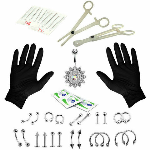 41 Pcs Professional Body Piercing Tool Kit Ear Nose Navel Nipple Needles Set