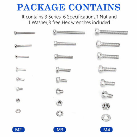 M2/M3/M4 Stainless Steel Bolts Nuts Screws Hex Head Assorted 1080pcs Kit Set