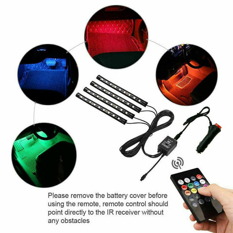 4X 12V 12LED RGB Car Interior LED Strip Lights Wireless Remote Control Music AU