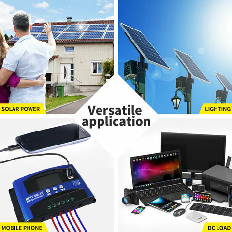 30/40/50/100A Solar Panel Charge Controller 12V 24V Regulator Auto Dual USB Mppt