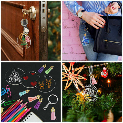 200x Keyring Clear Acrylic Circle Discs Keychain Blanks Tassel Pendants DIY Kit