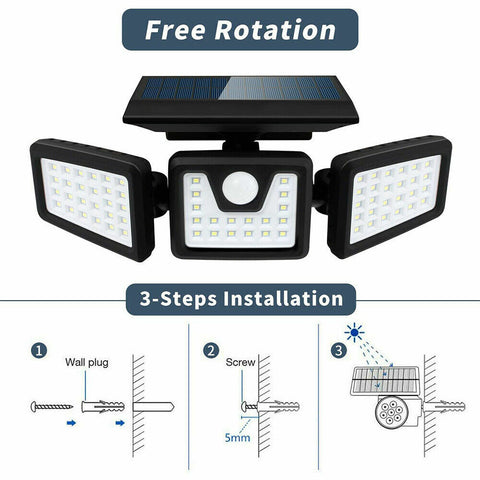 74LEDs 3 Head Solar Motion Sensor Light Outdoor Garden Wall Security Flood Lamp