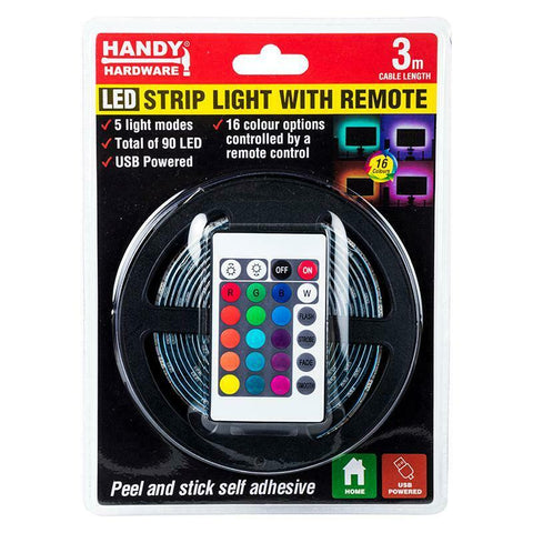 RGB 90 LED 3M Strip Lights - 12V USB Power 16 Colours 5 Modes w Remote Control