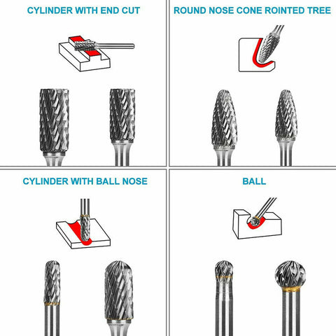 1/4" 6mm Shank Tungsten Carbide Rotary Burr Bur Die Grinder Carving Bits 8Pcs