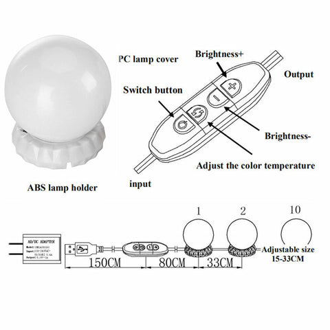 Vanity Light LED Make Up Mirror Lights 10 Bulbs Dimmable Lamp Hollywood Style
