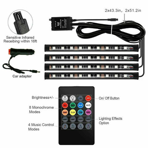4X 12V 12LED RGB Car Interior LED Strip Lights Wireless Remote Control Music AU