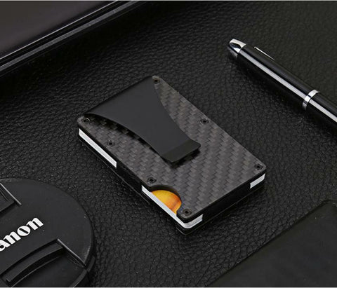 Men Slim Carbon Fiber Credit Card Holder RFID Blocking Metal Wallet Clip
