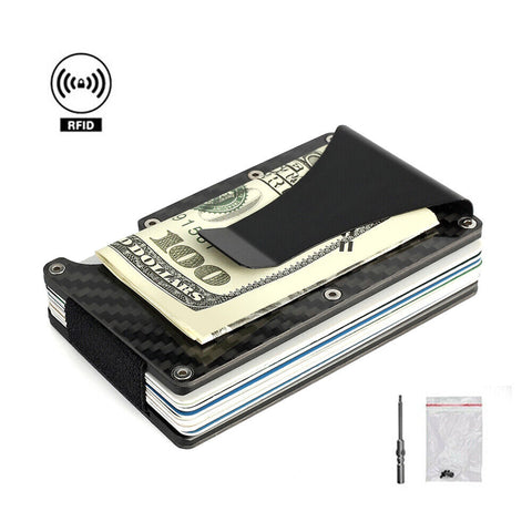 Men Slim Carbon Fiber Credit Card Holder RFID Blocking Metal Wallet Clip
