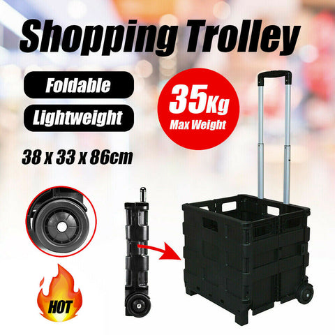 Grocery Basket Foldable Shopping Cart Trolley Wheels Folding Crate Portable