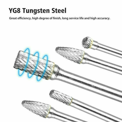 1/4" 6mm Shank Tungsten Carbide Rotary Burr Bur Die Grinder Carving Bits 8Pcs