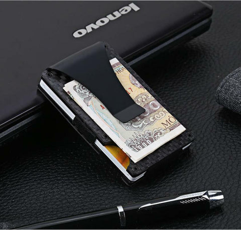 Men Slim Carbon Fiber Credit Card Holder RFID Blocking Metal Wallet Clip